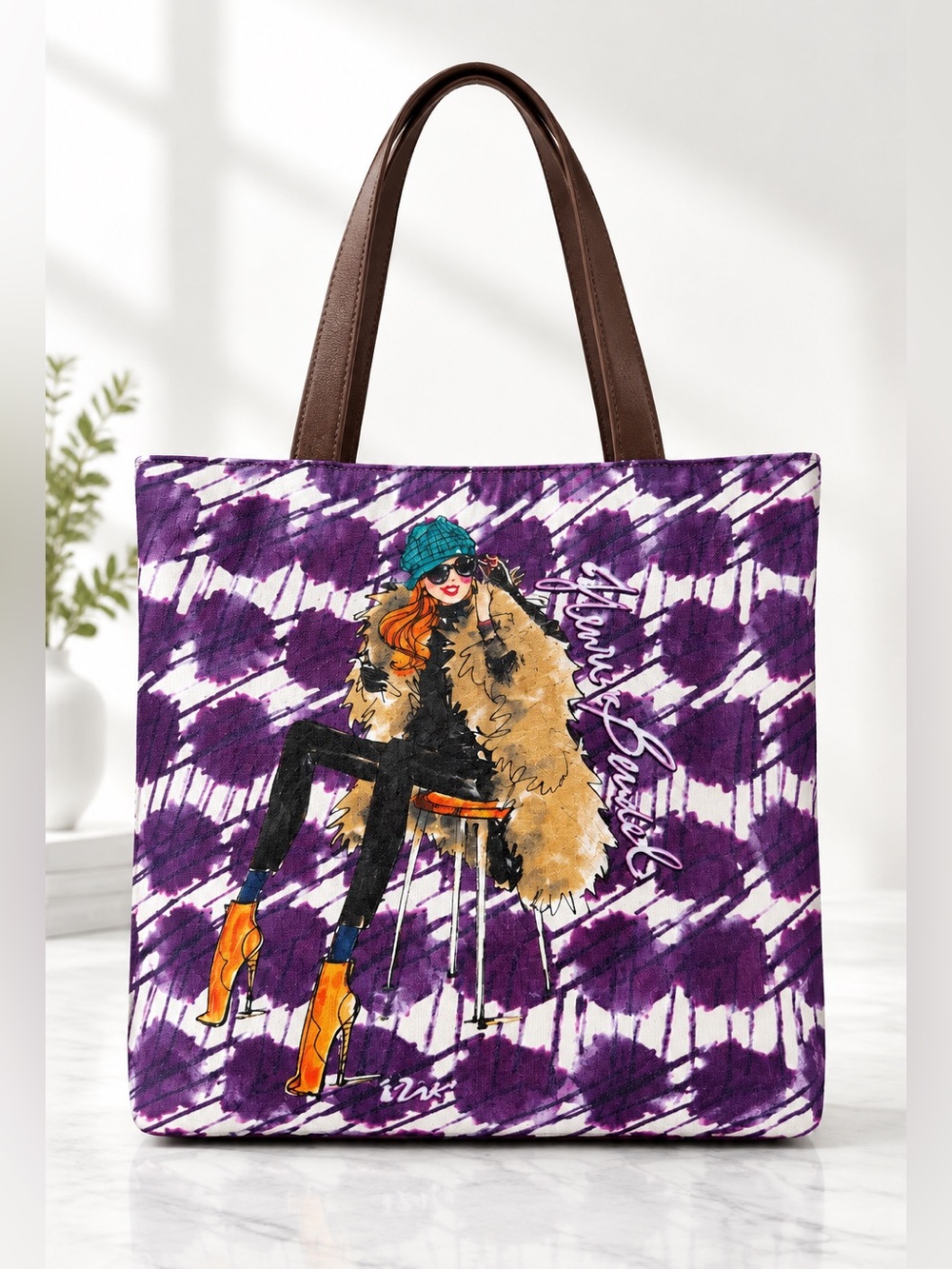 Henri Bendel Silk Print and Brown Nylon Tote Bag 17” x 13” Reversible !!